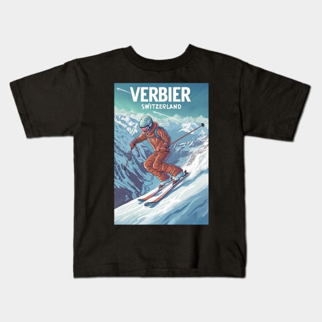 Verbier Switzerland Ski Kids T-Shirt by Studio Red Koala